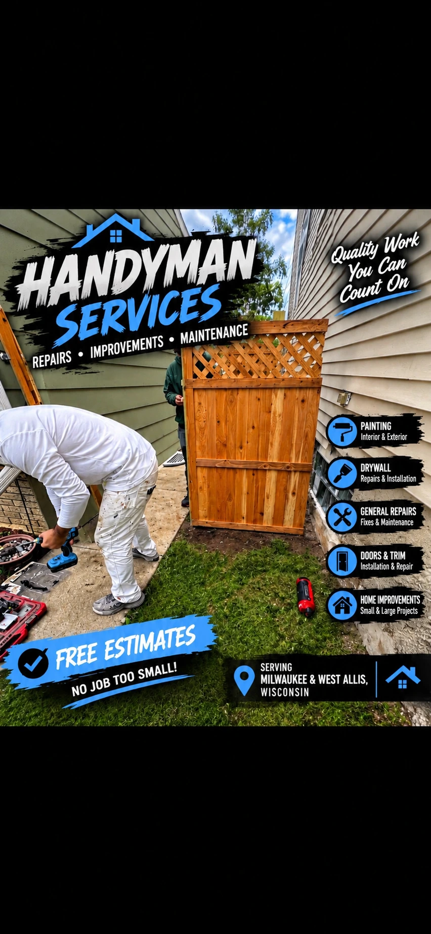 Handyman services graphic showing a wood privacy gate and hands-on repair work